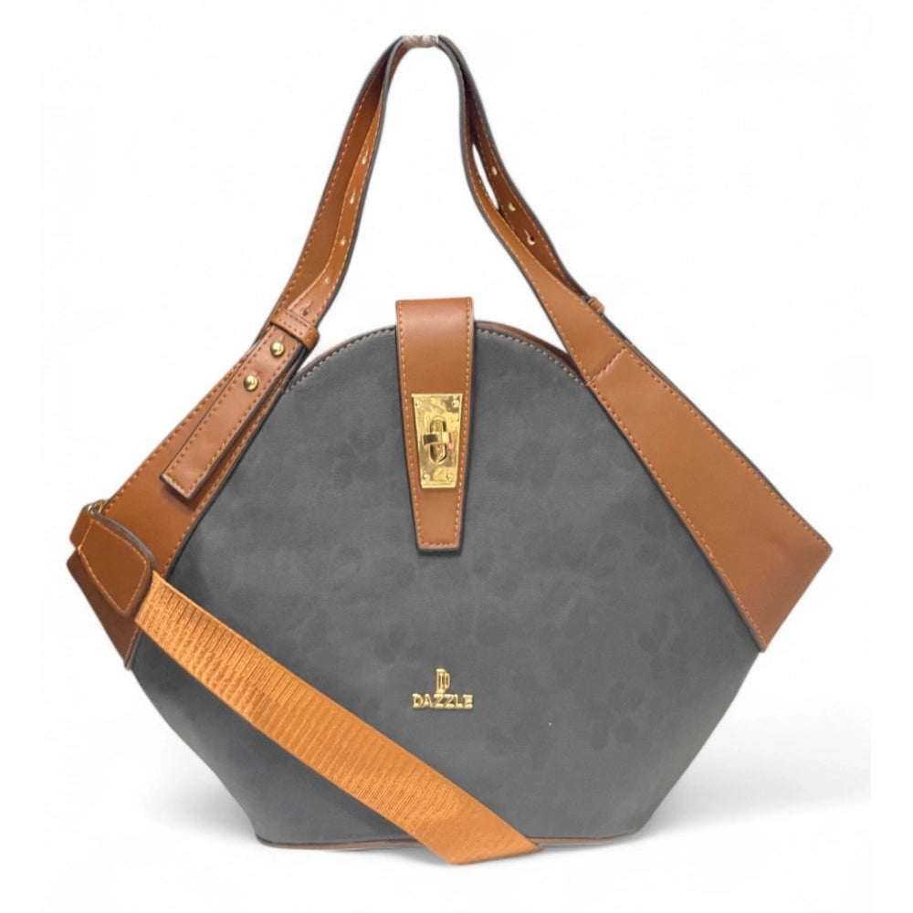 Women's Polyurethane Floral Printed Hexagonal Satchel Handbag with Adjustable Strap (Charcoal Grey) - POPNOVA