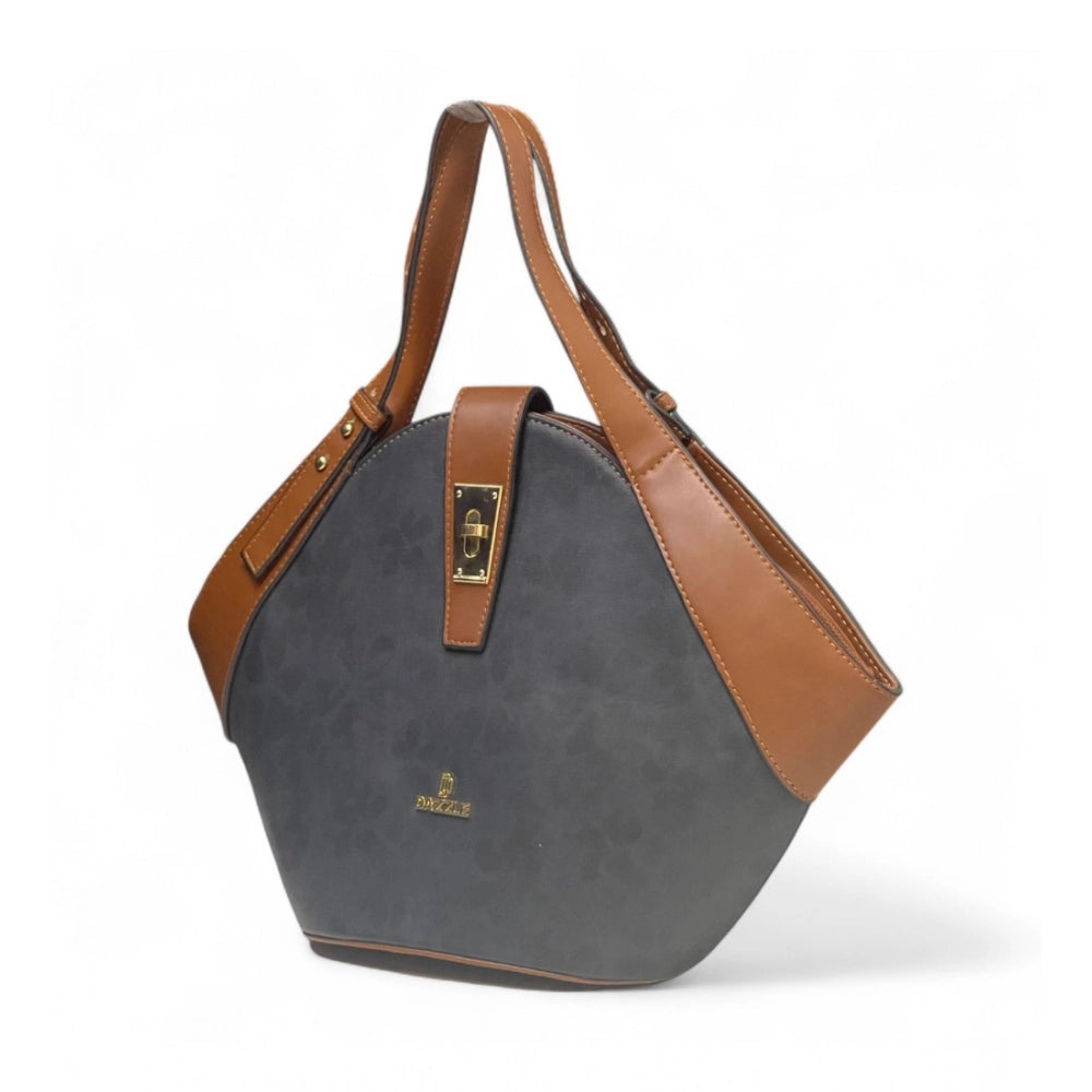 Women's Polyurethane Floral Printed Hexagonal Satchel Handbag with Adjustable Strap (Charcoal Grey) - POPNOVA