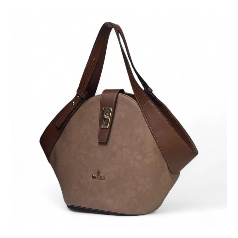 Women's Polyurethane Floral Printed Hexagonal Satchel Handbag with Adjustable Strap (Brown) - POPNOVA