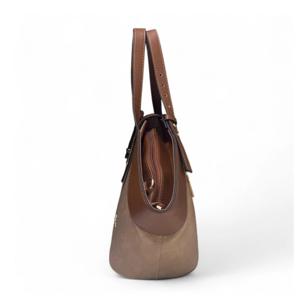 Women's Polyurethane Floral Printed Hexagonal Satchel Handbag with Adjustable Strap (Brown) - POPNOVA