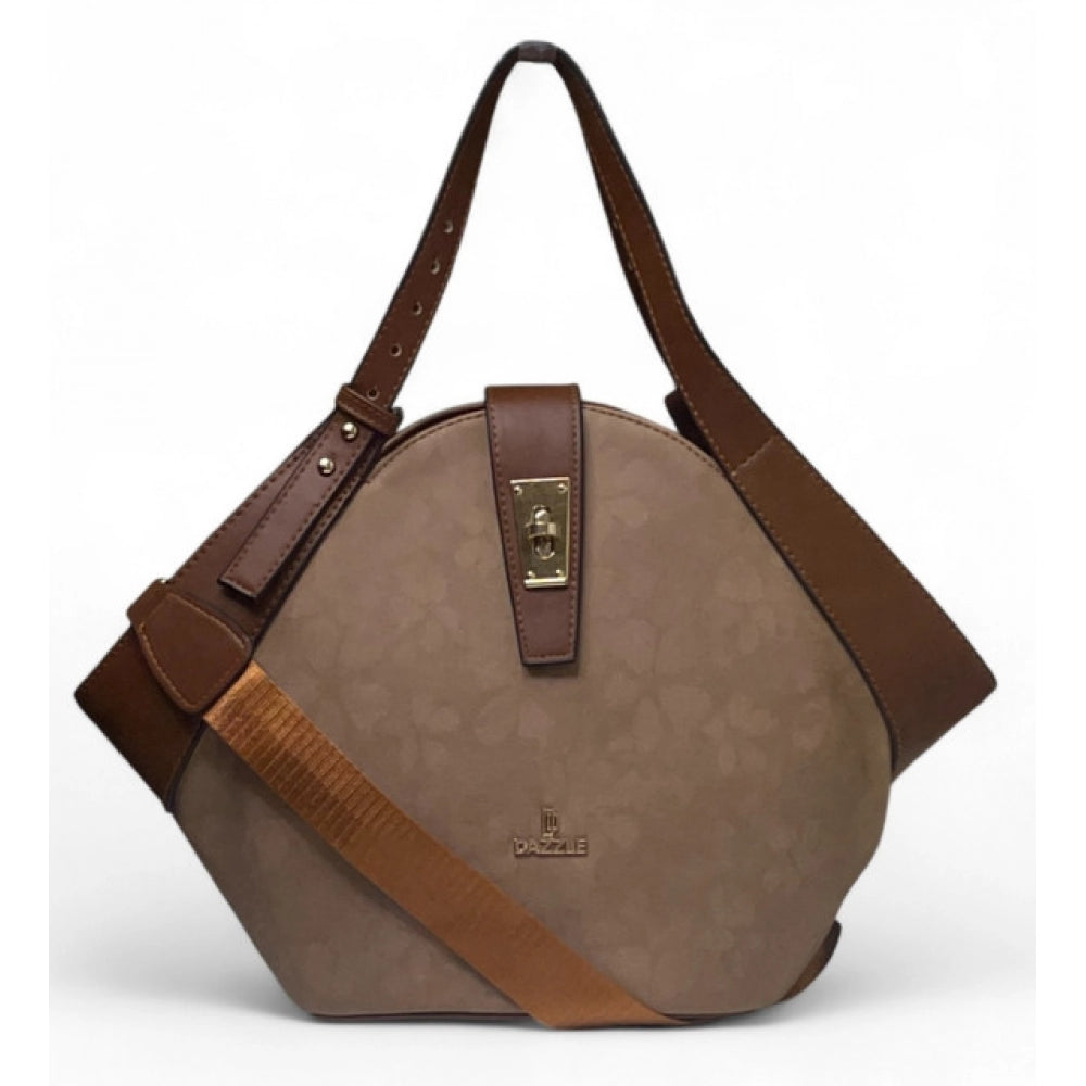 Women's Polyurethane Floral Printed Hexagonal Satchel Handbag with Adjustable Strap (Brown) - POPNOVA
