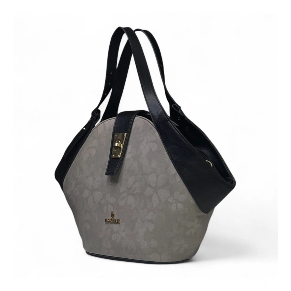 Women's Polyurethane Floral Printed Hexagonal Satchel Handbag with Adjustable Strap (Grey) - POPNOVA