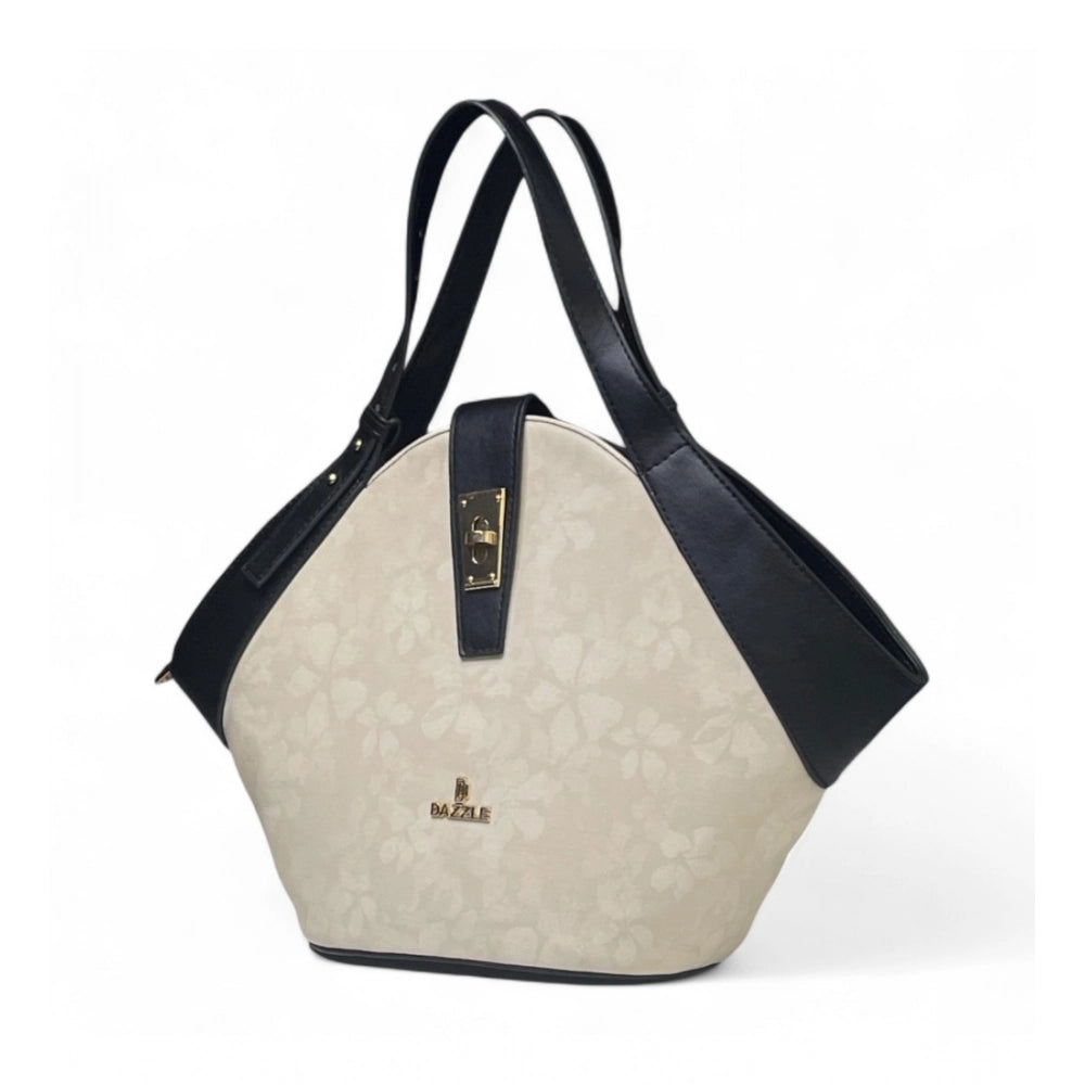 Women's Polyurethane Floral Printed Hexagonal Satchel Handbag with Adjustable Strap (White) - POPNOVA