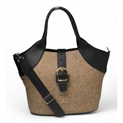 Women's Polyurethane Textured Two-Tone Tote Handbag with Adjustable & Removable Strap (Beige) - POPNOVA