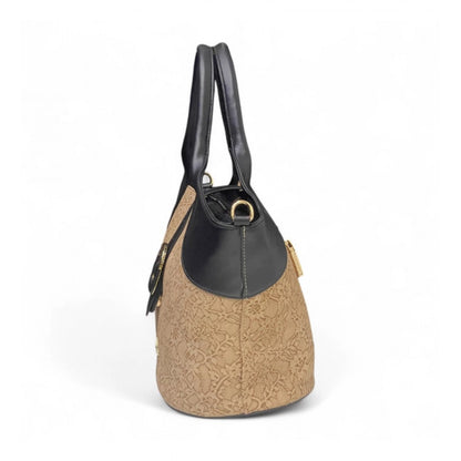 Women's Polyurethane Textured Two-Tone Tote Handbag with Adjustable & Removable Strap (Beige) - POPNOVA
