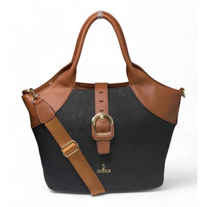 Women's Polyurethane Textured Two-Tone Tote Handbag with Adjustable & Removable Strap (Black-Tan) - POPNOVA