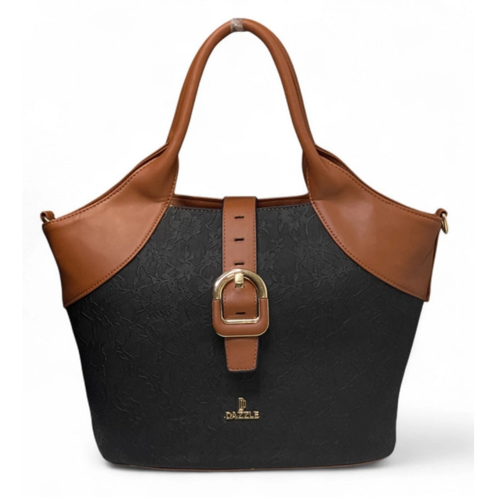 Women's Polyurethane Textured Two-Tone Tote Handbag with Adjustable & Removable Strap (Black-Tan) - POPNOVA