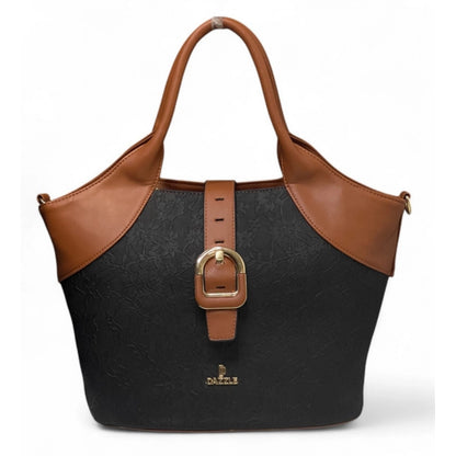 Women's Polyurethane Textured Two-Tone Tote Handbag with Adjustable & Removable Strap (Black-Tan) - POPNOVA