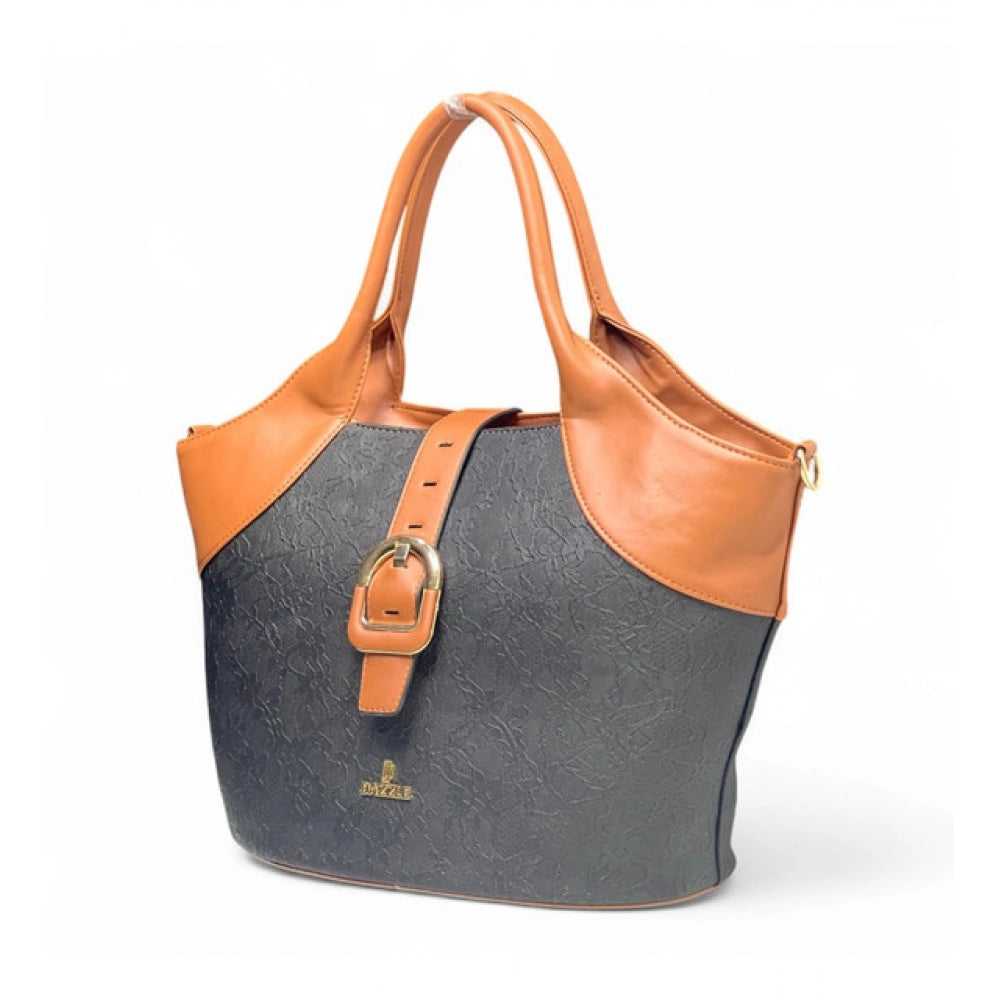 Women's Polyurethane Textured Two-Tone Tote Handbag with Adjustable & Removable Strap (Black-Tan) - POPNOVA