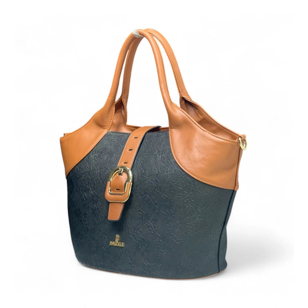 Women's Polyurethane Textured Two-Tone Tote Handbag with Adjustable & Removable Strap (Black-Tan) - POPNOVA