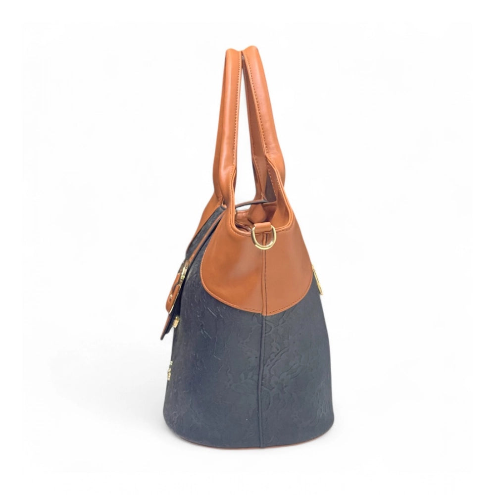 Women's Polyurethane Textured Two-Tone Tote Handbag with Adjustable & Removable Strap (Black-Tan) - POPNOVA