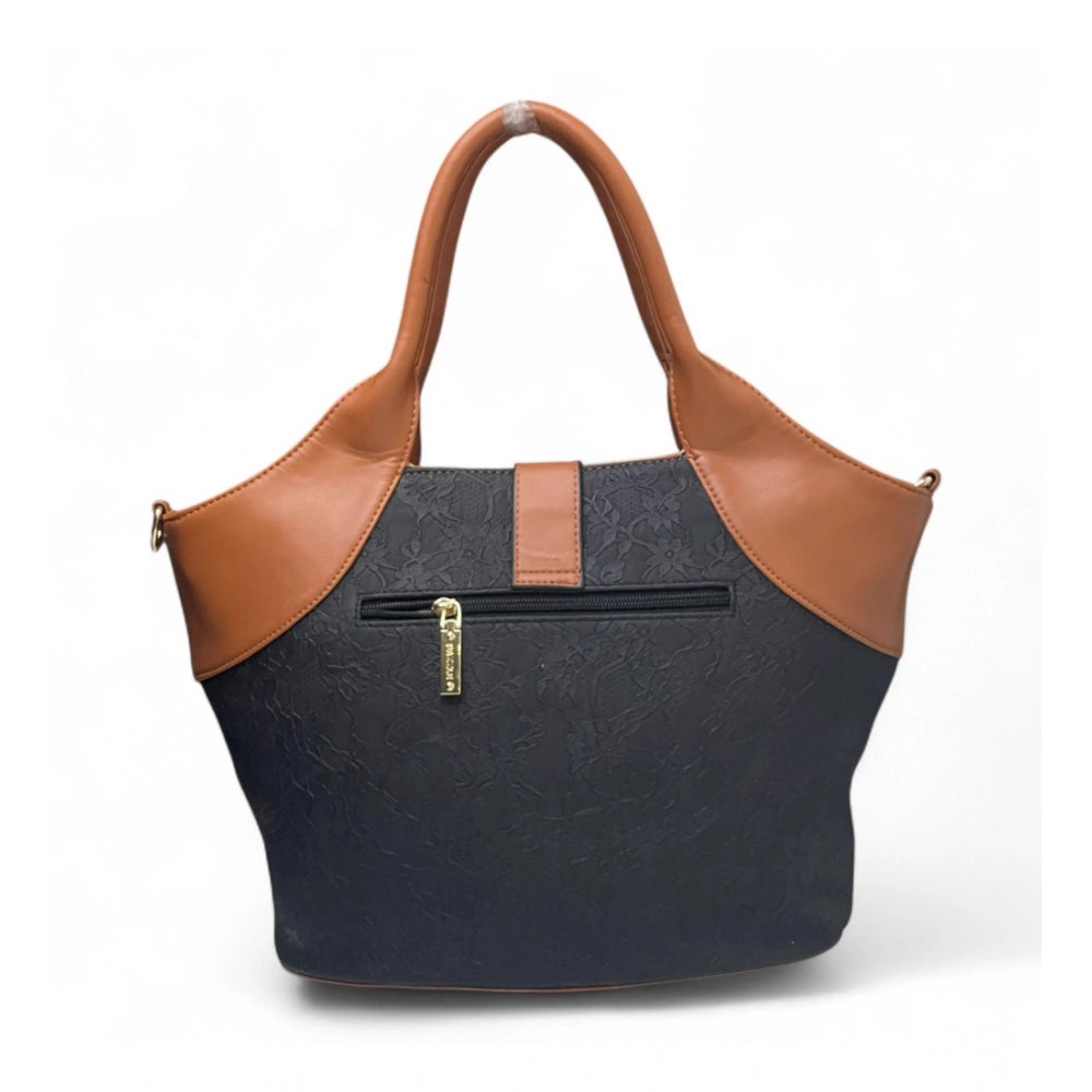 Women's Polyurethane Textured Two-Tone Tote Handbag with Adjustable & Removable Strap (Black-Tan) - POPNOVA