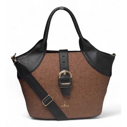 Women's Polyurethane Textured Two-Tone Tote Handbag with Adjustable & Removable Strap (Brown) - POPNOVA