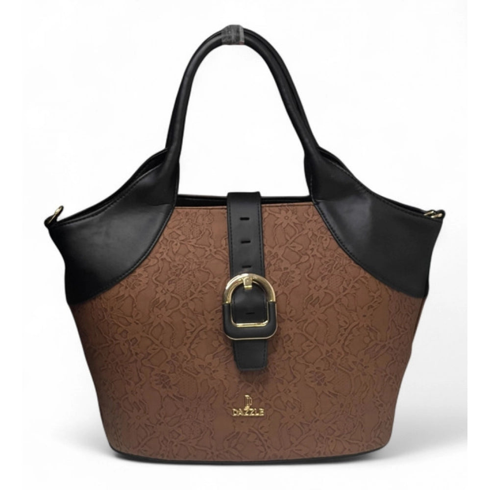 Women's Polyurethane Textured Two-Tone Tote Handbag with Adjustable & Removable Strap (Brown) - POPNOVA