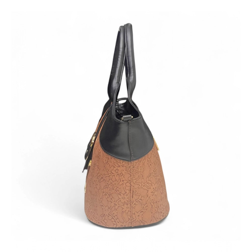 Women's Polyurethane Textured Two-Tone Tote Handbag with Adjustable & Removable Strap (Brown) - POPNOVA
