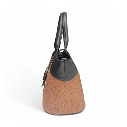 Women's Polyurethane Textured Two-Tone Tote Handbag with Adjustable & Removable Strap (Brown) - POPNOVA