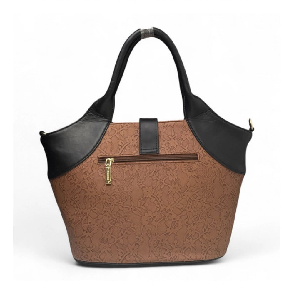 Women's Polyurethane Textured Two-Tone Tote Handbag with Adjustable & Removable Strap (Brown) - POPNOVA