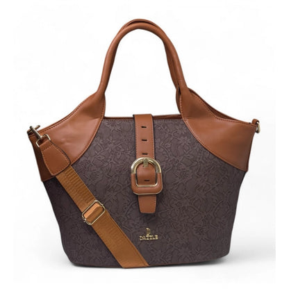 Women's Polyurethane Textured Two-Tone Tote Handbag with Adjustable & Removable Strap (Dark Brown) - POPNOVA