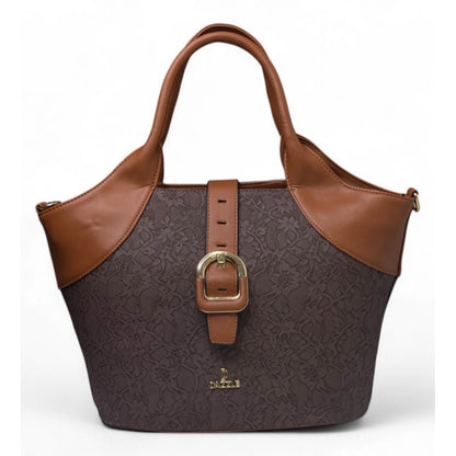 Women's Polyurethane Textured Two-Tone Tote Handbag with Adjustable & Removable Strap (Dark Brown) - POPNOVA