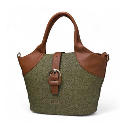Women's Polyurethane Textured Two-Tone Tote Handbag with Adjustable & Removable Strap (Green) - POPNOVA