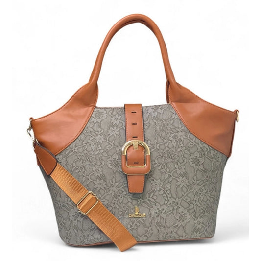 Women's Polyurethane Textured Two-Tone Tote Handbag with Adjustable & Removable Strap (Grey) - POPNOVA