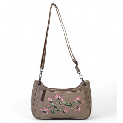 Women's Polyurethane Floral Embroidered Crossbody Sling Bag with Adjustable & Removable Strap (Beige) - POPNOVA