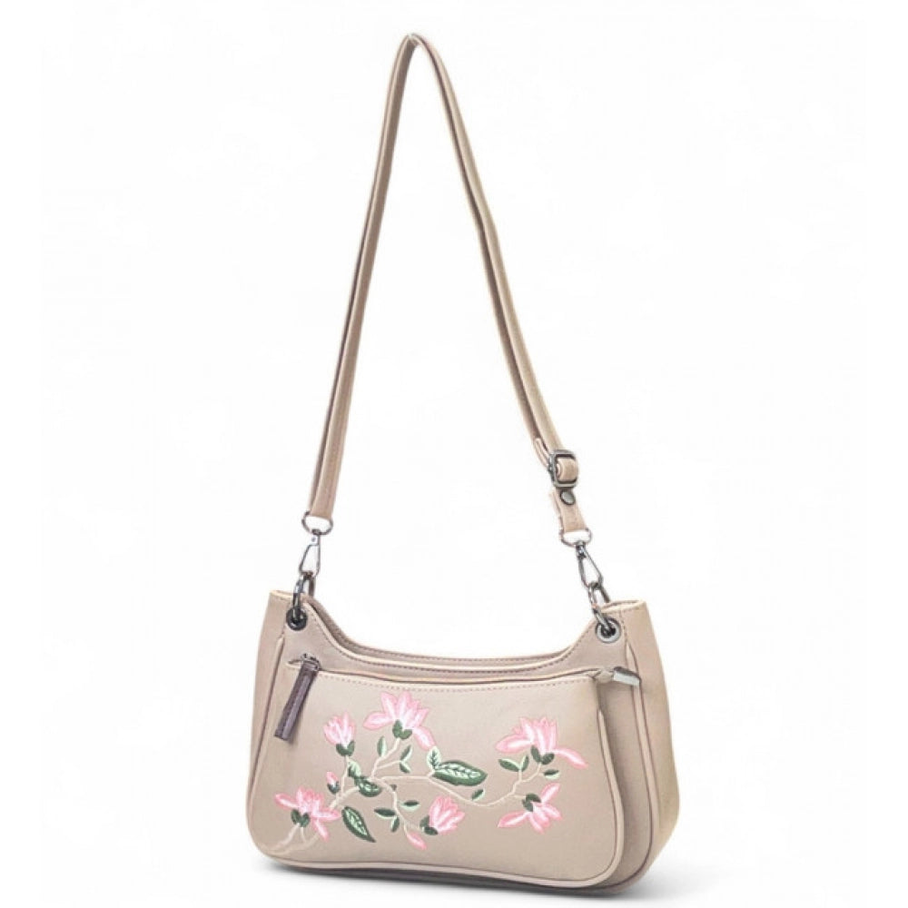 Women's Polyurethane Floral Embroidered Crossbody Sling Bag with Adjustable & Removable Strap (Beige) - POPNOVA