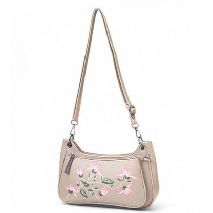 Women's Polyurethane Floral Embroidered Crossbody Sling Bag with Adjustable & Removable Strap (Beige) - POPNOVA