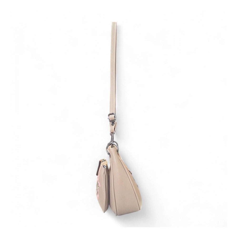 Women's Polyurethane Floral Embroidered Crossbody Sling Bag with Adjustable & Removable Strap (Beige) - POPNOVA