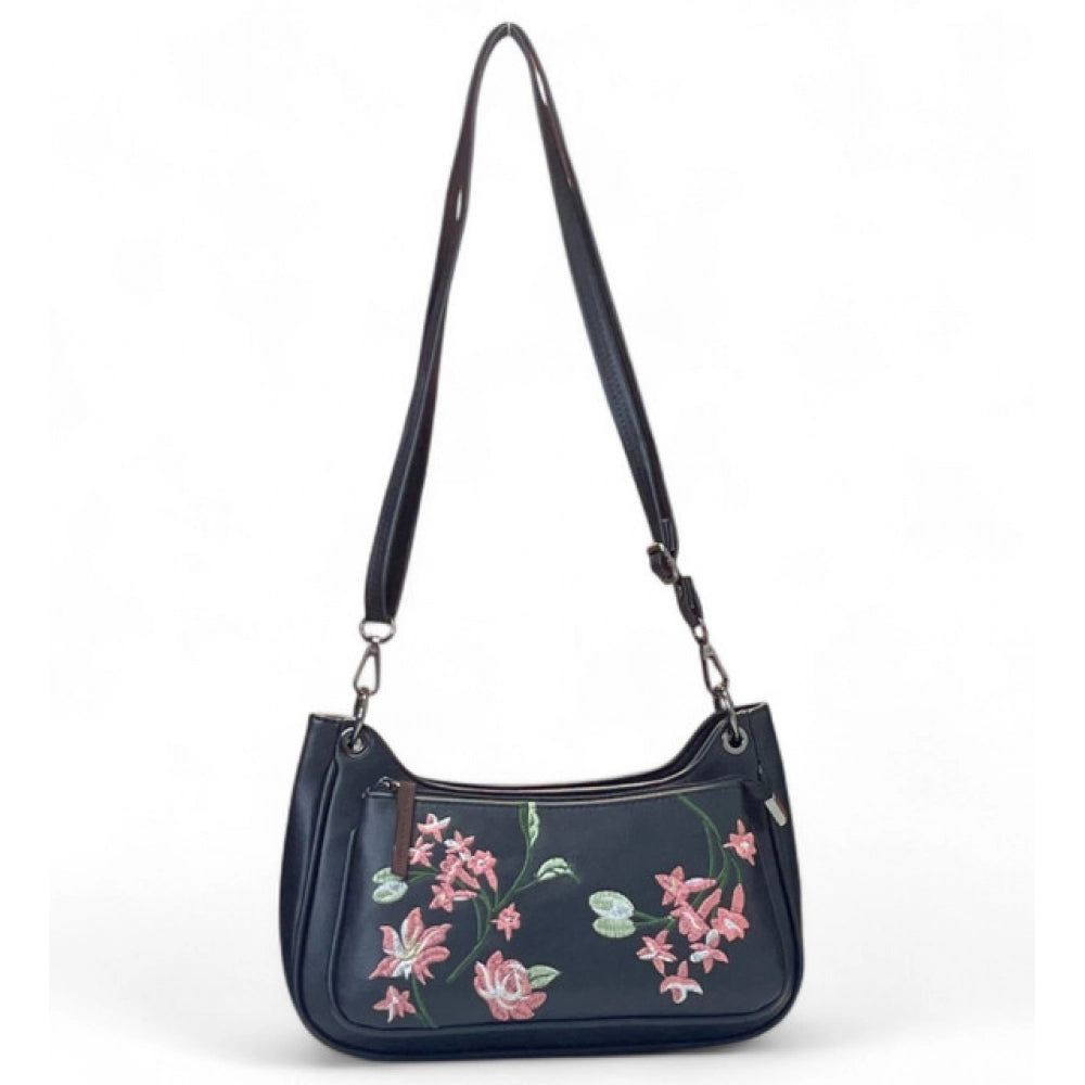 Women's Polyurethane Floral Embroidered Crossbody Sling Bag with Adjustable & Removable Strap (Black) - POPNOVA