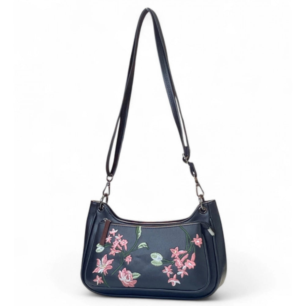 Women's Polyurethane Floral Embroidered Crossbody Sling Bag with Adjustable & Removable Strap (Black) - POPNOVA