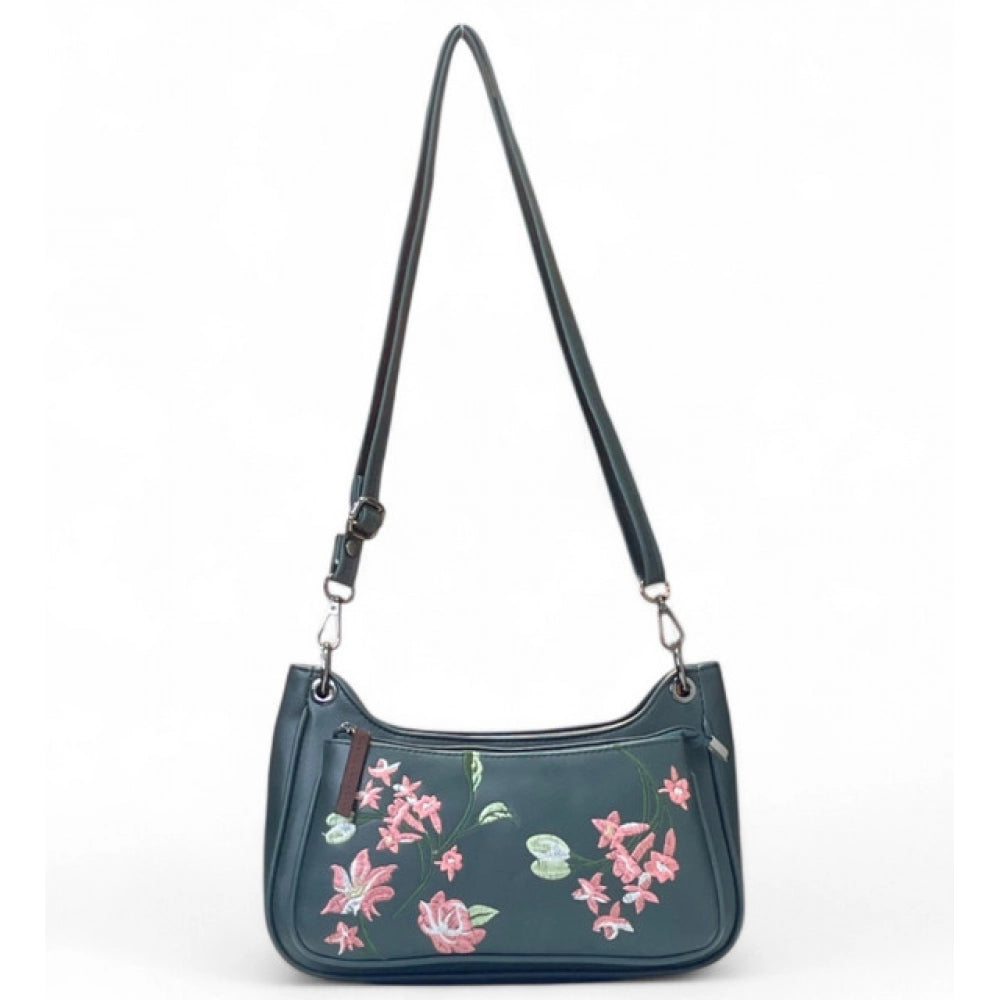 Women's Polyurethane Floral Embroidered Crossbody Sling Bag with Adjustable & Removable Strap (Blue) - POPNOVA