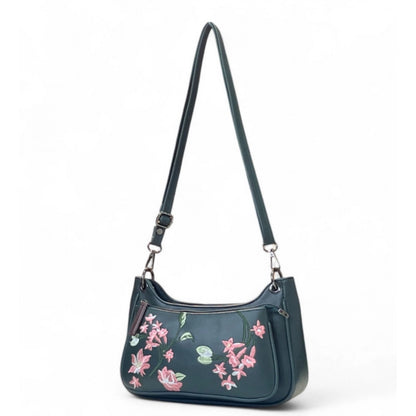 Women's Polyurethane Floral Embroidered Crossbody Sling Bag with Adjustable & Removable Strap (Blue) - POPNOVA
