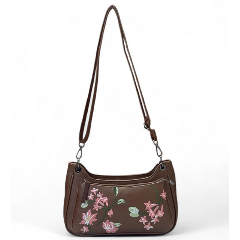 Women's Polyurethane Floral Embroidered Crossbody Sling Bag with Adjustable & Removable Strap (Brown) - POPNOVA