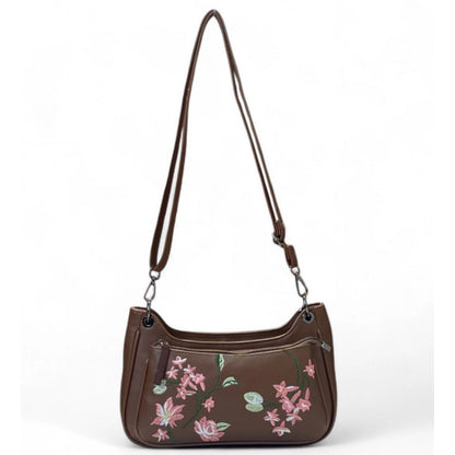 Women's Polyurethane Floral Embroidered Crossbody Sling Bag with Adjustable & Removable Strap (Brown) - POPNOVA