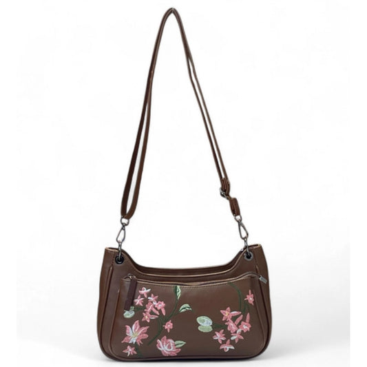 Women's Polyurethane Floral Embroidered Crossbody Sling Bag with Adjustable & Removable Strap (Brown) - POPNOVA