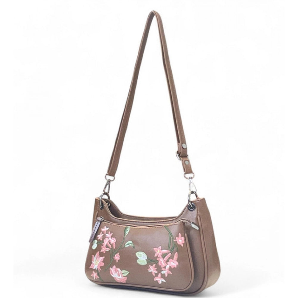 Women's Polyurethane Floral Embroidered Crossbody Sling Bag with Adjustable & Removable Strap (Brown) - POPNOVA