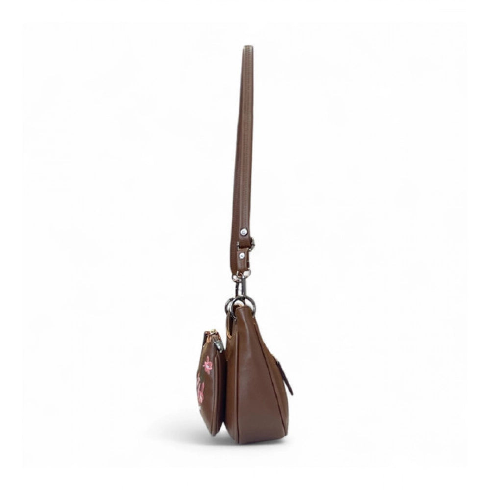 Women's Polyurethane Floral Embroidered Crossbody Sling Bag with Adjustable & Removable Strap (Brown) - POPNOVA