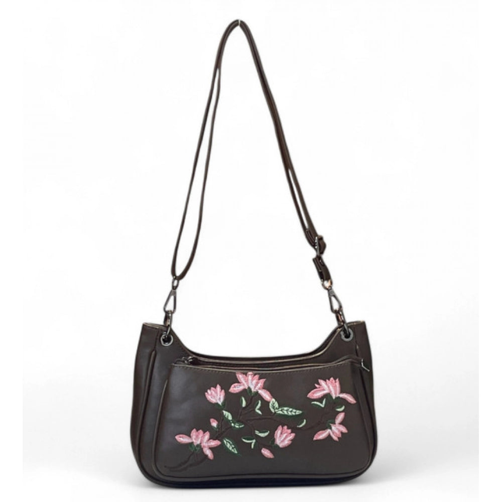 Women's Polyurethane Floral Embroidered Crossbody Sling Bag with Adjustable & Removable Strap (Dark Brown) - POPNOVA