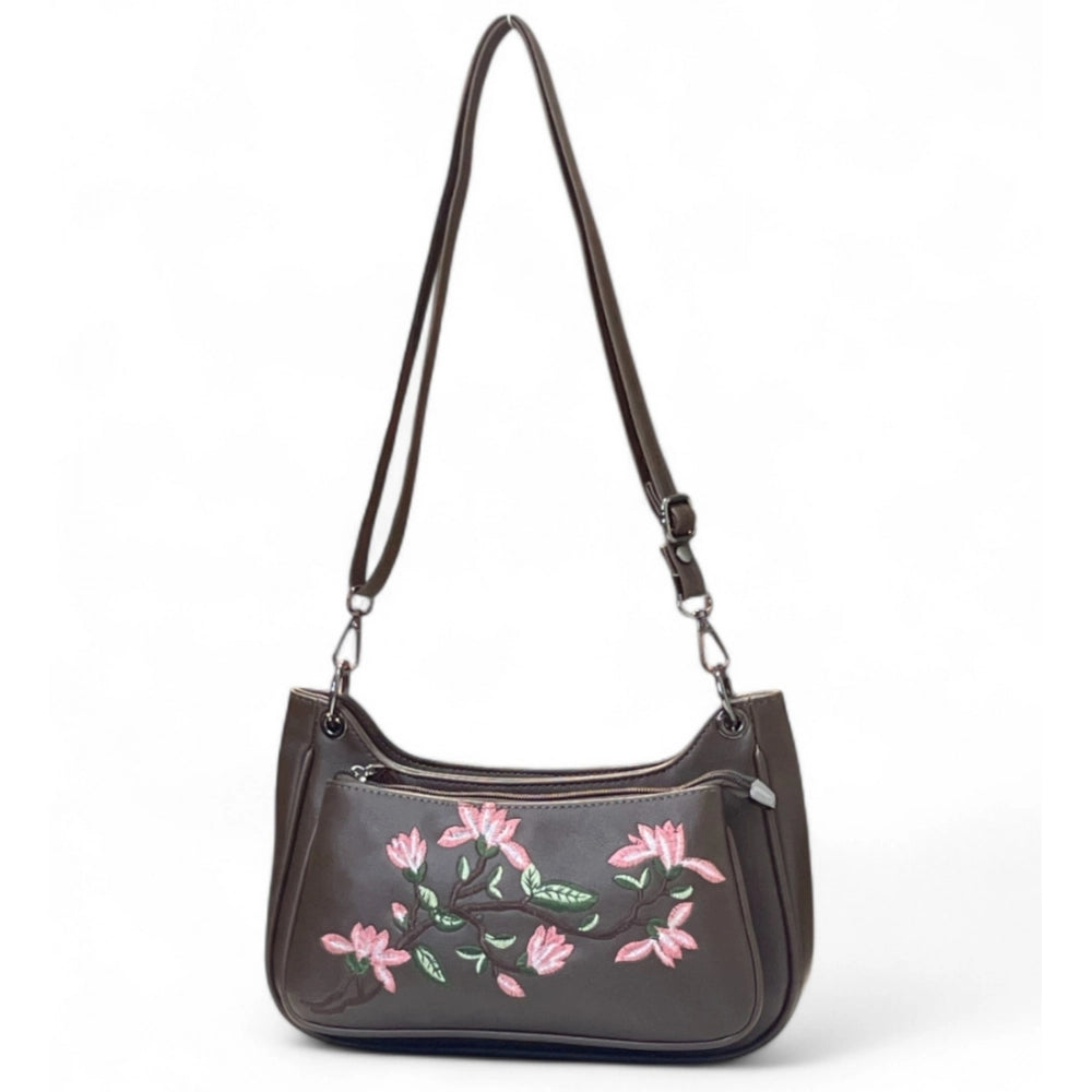 Women's Polyurethane Floral Embroidered Crossbody Sling Bag with Adjustable & Removable Strap (Dark Brown) - POPNOVA