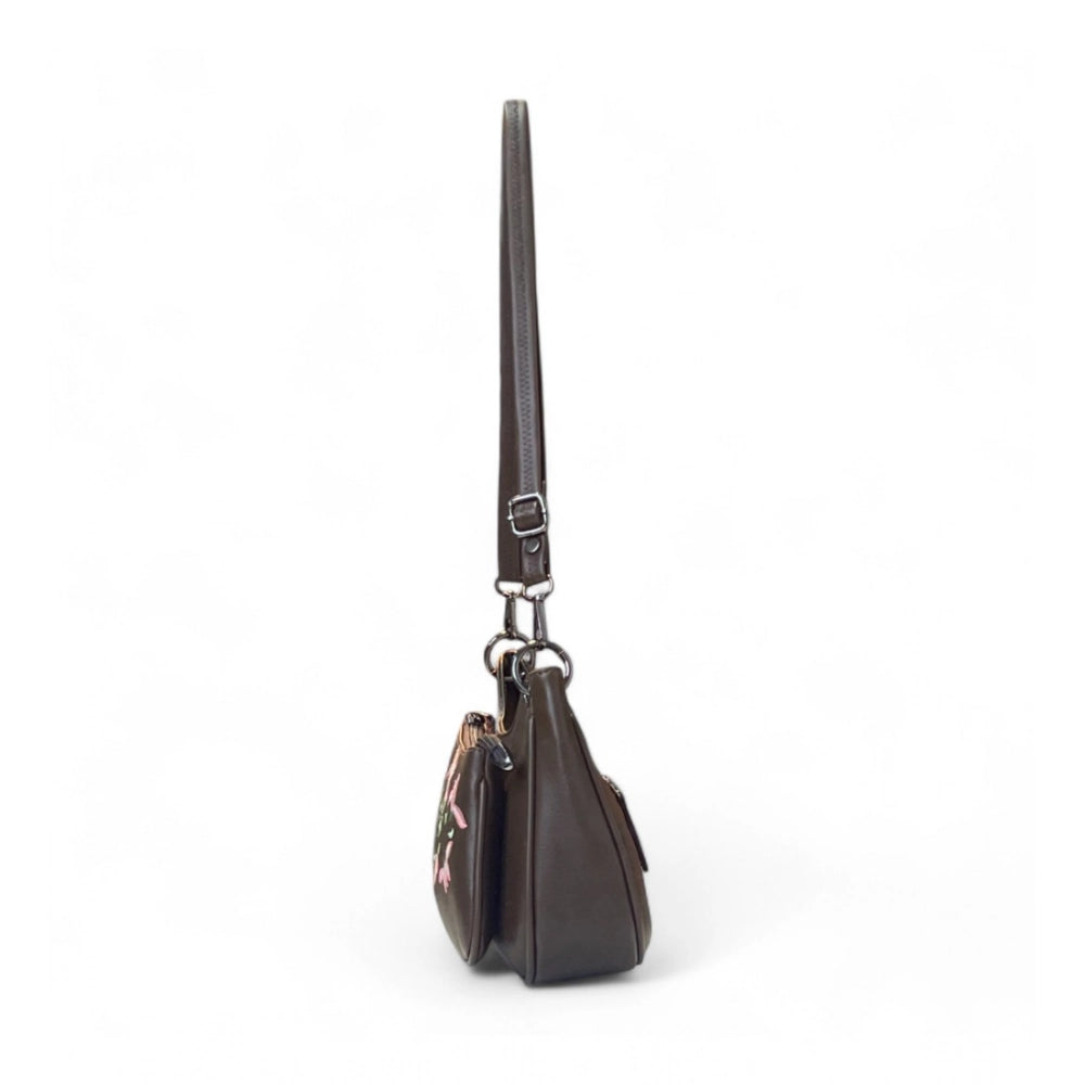 Women's Polyurethane Floral Embroidered Crossbody Sling Bag with Adjustable & Removable Strap (Dark Brown) - POPNOVA