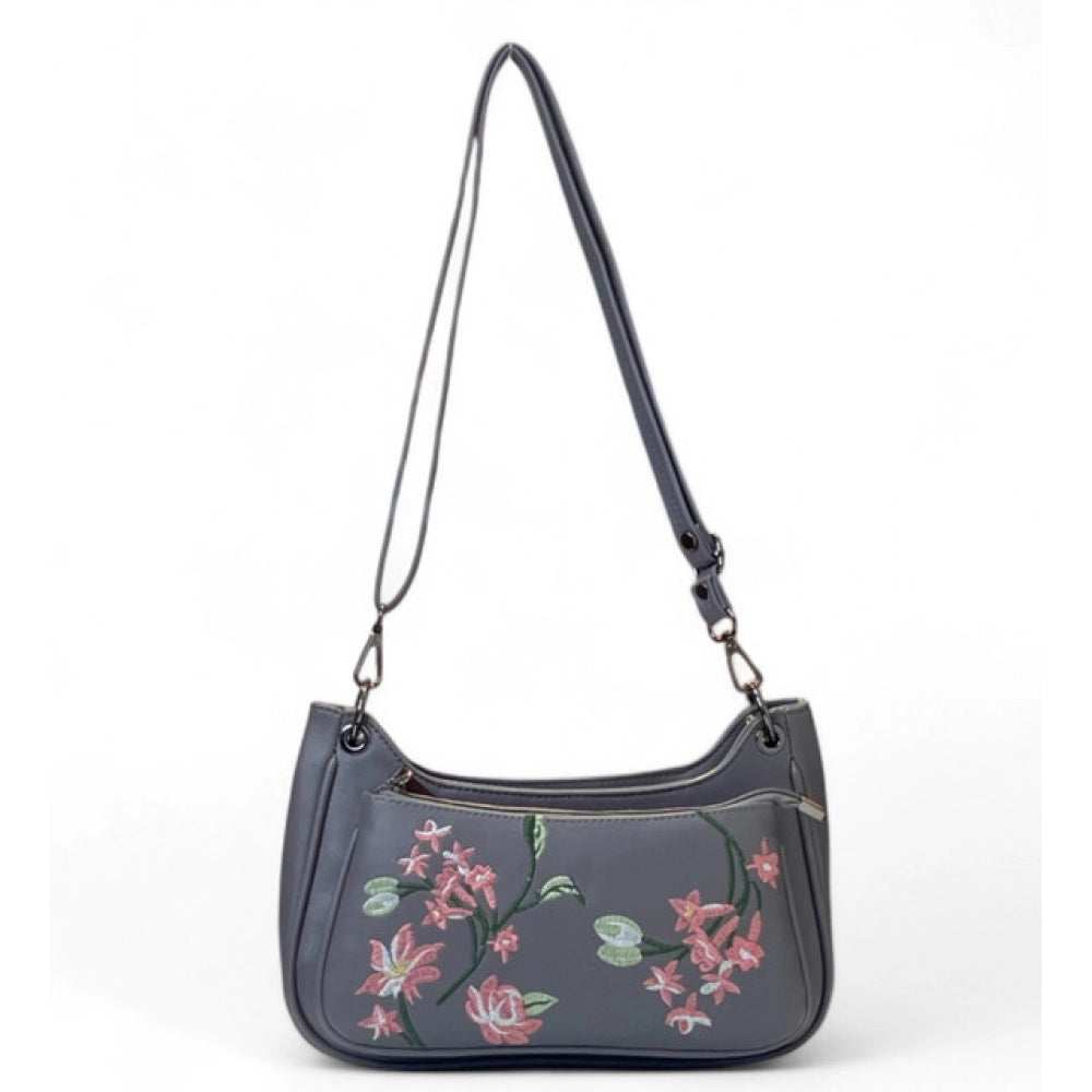 Women's Polyurethane Floral Embroidered Crossbody Sling Bag with Adjustable & Removable Strap (Grey) - POPNOVA