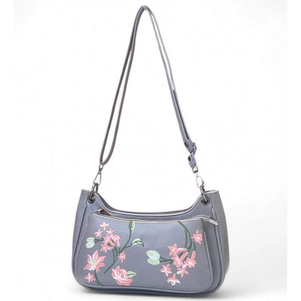 Women's Polyurethane Floral Embroidered Crossbody Sling Bag with Adjustable & Removable Strap (Grey) - POPNOVA