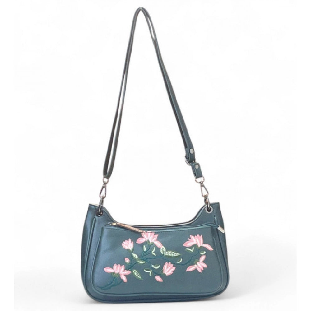 Women's Polyurethane Floral Embroidered Crossbody Sling Bag with Adjustable & Removable Strap (Light Blue) - POPNOVA