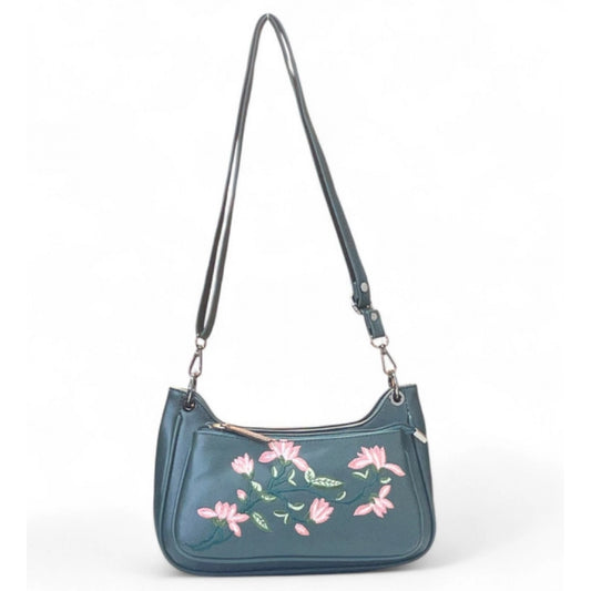 Women's Polyurethane Floral Embroidered Crossbody Sling Bag with Adjustable & Removable Strap (Light Blue) - POPNOVA