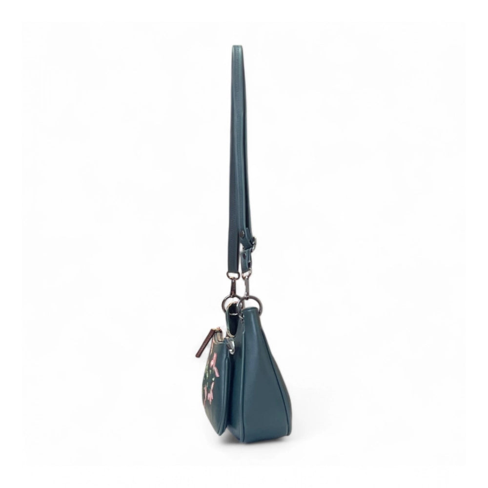 Women's Polyurethane Floral Embroidered Crossbody Sling Bag with Adjustable & Removable Strap (Light Blue) - POPNOVA