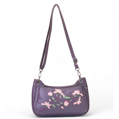 Women's Polyurethane Floral Embroidered Crossbody Sling Bag with Adjustable & Removable Strap (Purple) - POPNOVA