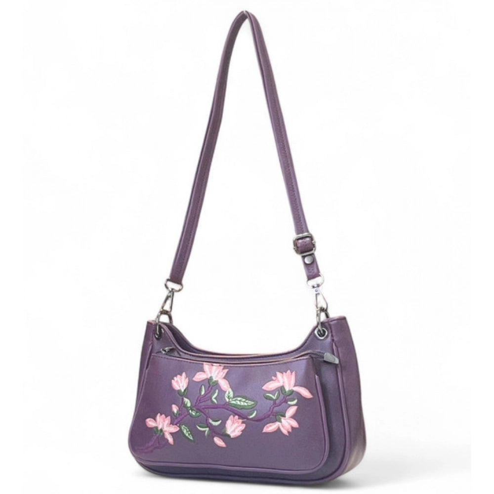 Women's Polyurethane Floral Embroidered Crossbody Sling Bag with Adjustable & Removable Strap (Purple) - POPNOVA