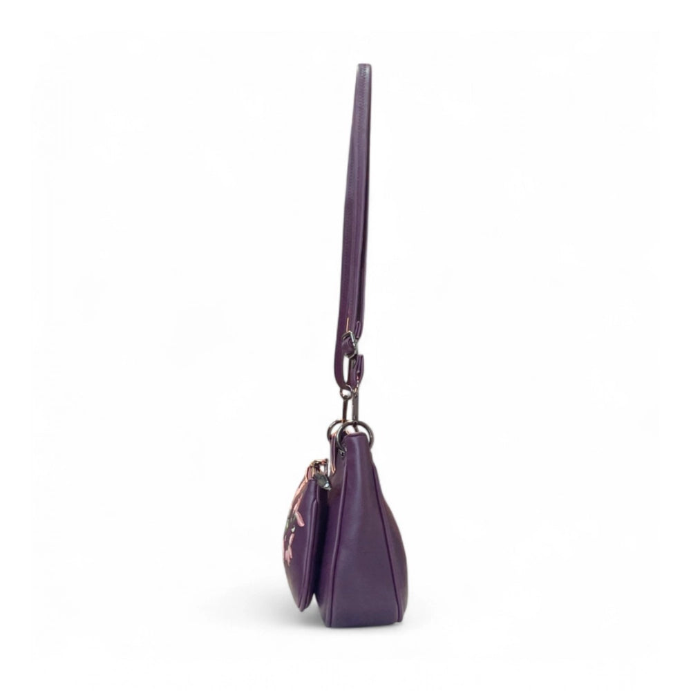 Women's Polyurethane Floral Embroidered Crossbody Sling Bag with Adjustable & Removable Strap (Purple) - POPNOVA