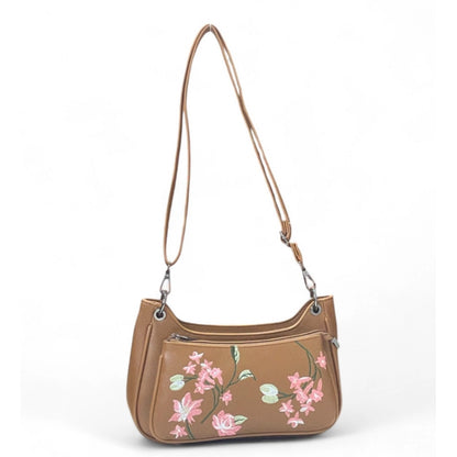 Women's Polyurethane Floral Embroidered Crossbody Sling Bag with Adjustable & Removable Strap (Tan) - POPNOVA